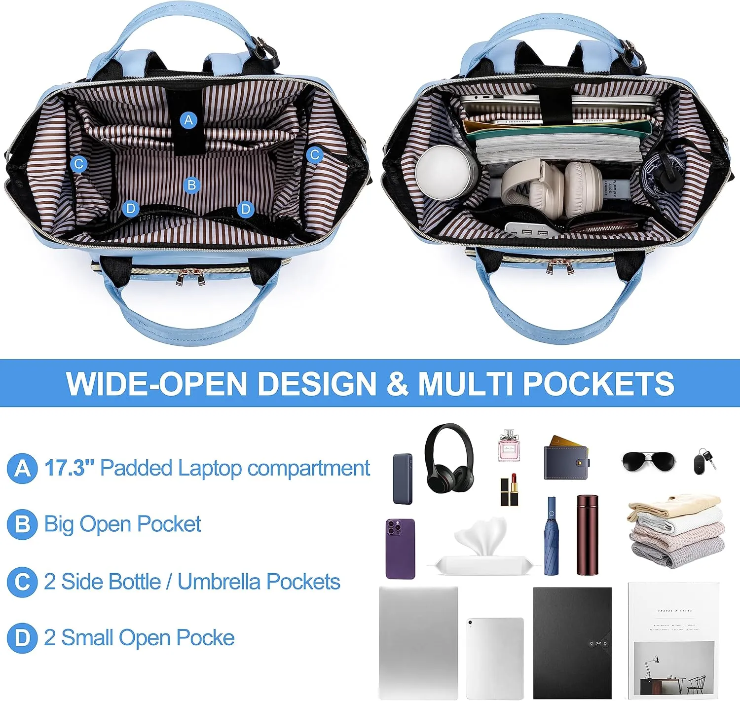 CAFELE Laptop Backpack Purse for Women Men,17 Inch Computer Stylish Backpacks, Teacher Doctor Nurse Daypack for Work,College Bookbag Wide Open Design Light Blue