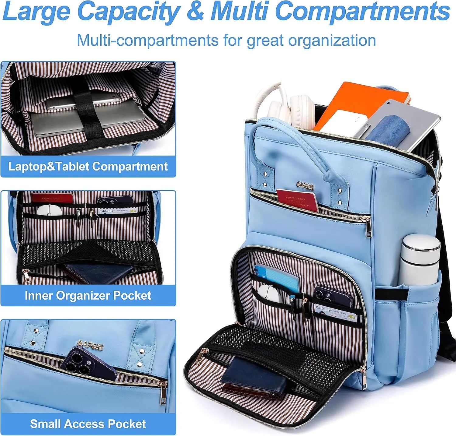 CAFELE Laptop Backpack Purse for Women Men,17 Inch Computer Stylish Backpacks, Teacher Doctor Nurse Daypack for Work,College Bookbag Wide Open Design Light Blue