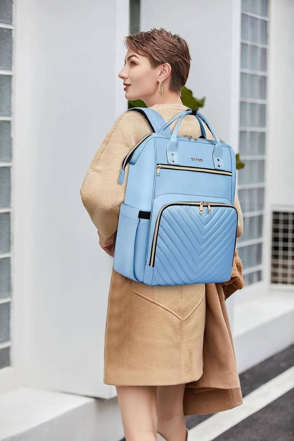 CAFELE Laptop Backpack Purse for Women Men,17 Inch Computer Stylish Backpacks, Teacher Doctor Nurse Daypack for Work,College Bookbag Wide Open Design Light Blue