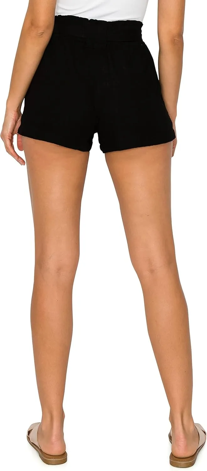 Cali1850 Women's Paperbag Linen Shorts - Oceanside Elastic Waist Self Tie Belt Paper Bag Beach Pants with Pockets