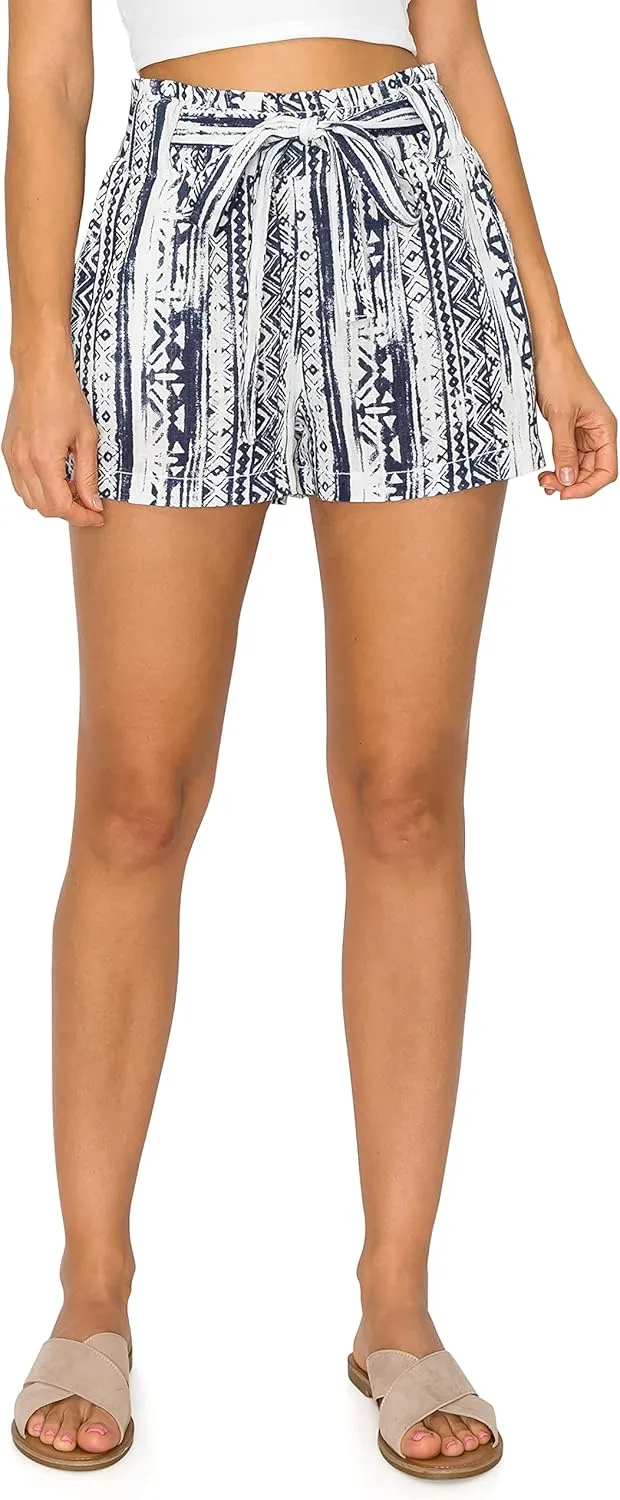 Cali1850 Women's Paperbag Linen Shorts - Oceanside Elastic Waist Self Tie Belt Paper Bag Beach Pants with Pockets