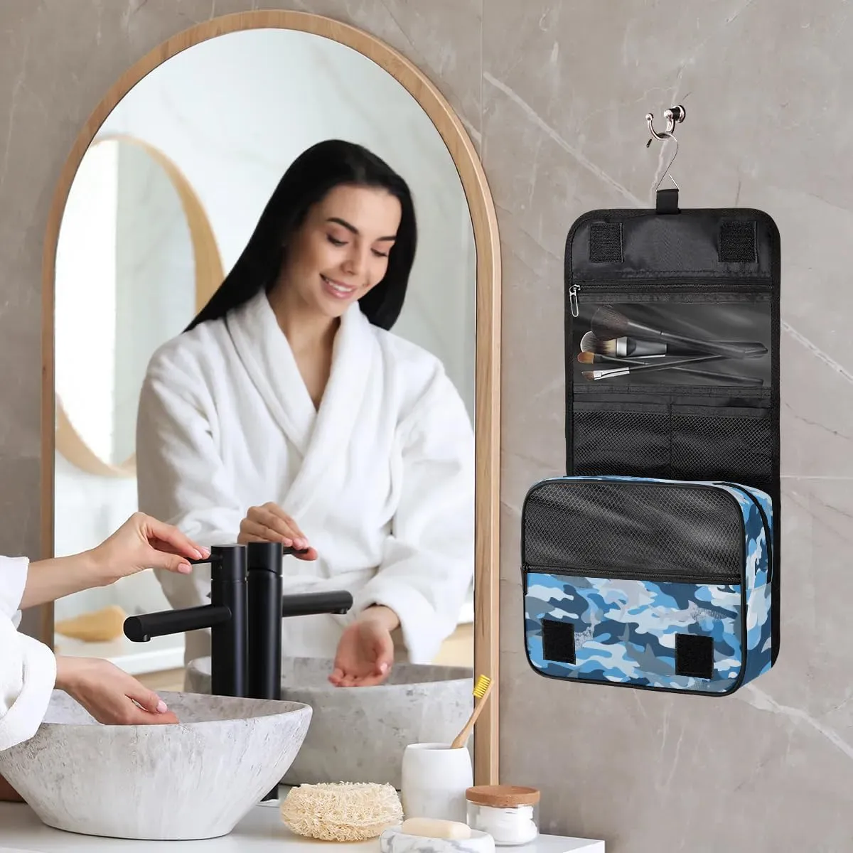 Camo Shark Hanging Travel Toiletry Bag - Waterproof Organizer Makeup Bag with Sturdy Hook, Toiletries Portable Cosmetic Bag, Large Capacity Toiletry Kit for Women Men