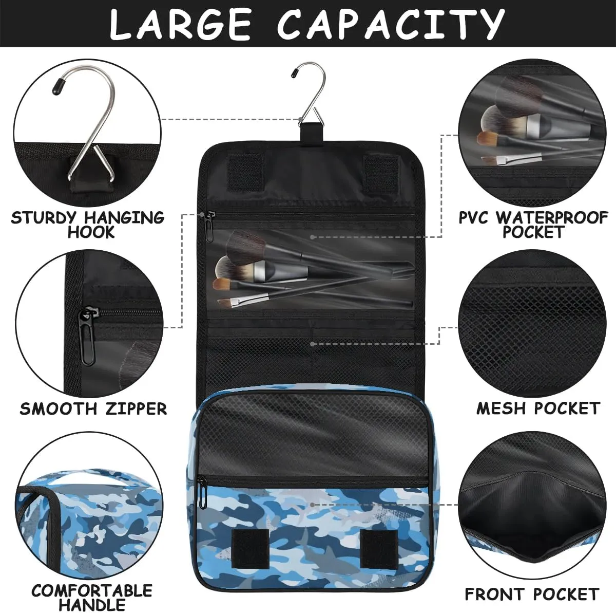 Camo Shark Hanging Travel Toiletry Bag - Waterproof Organizer Makeup Bag with Sturdy Hook, Toiletries Portable Cosmetic Bag, Large Capacity Toiletry Kit for Women Men