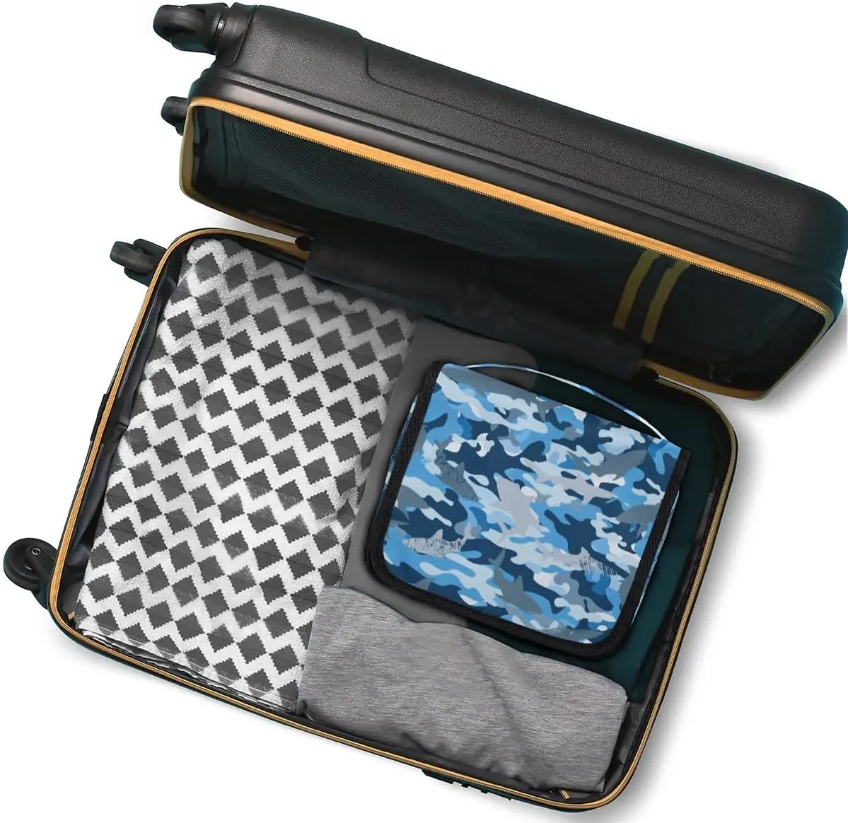 Camo Shark Hanging Travel Toiletry Bag - Waterproof Organizer Makeup Bag with Sturdy Hook, Toiletries Portable Cosmetic Bag, Large Capacity Toiletry Kit for Women Men