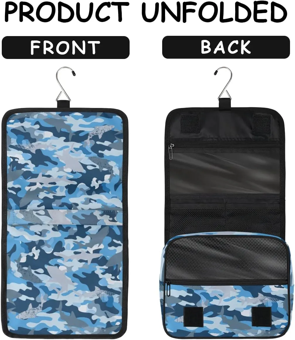 Camo Shark Hanging Travel Toiletry Bag - Waterproof Organizer Makeup Bag with Sturdy Hook, Toiletries Portable Cosmetic Bag, Large Capacity Toiletry Kit for Women Men