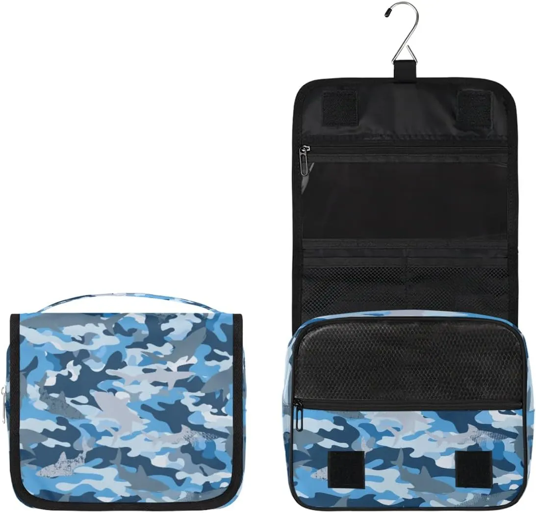 Camo Shark Hanging Travel Toiletry Bag - Waterproof Organizer Makeup Bag with Sturdy Hook, Toiletries Portable Cosmetic Bag, Large Capacity Toiletry Kit for Women Men