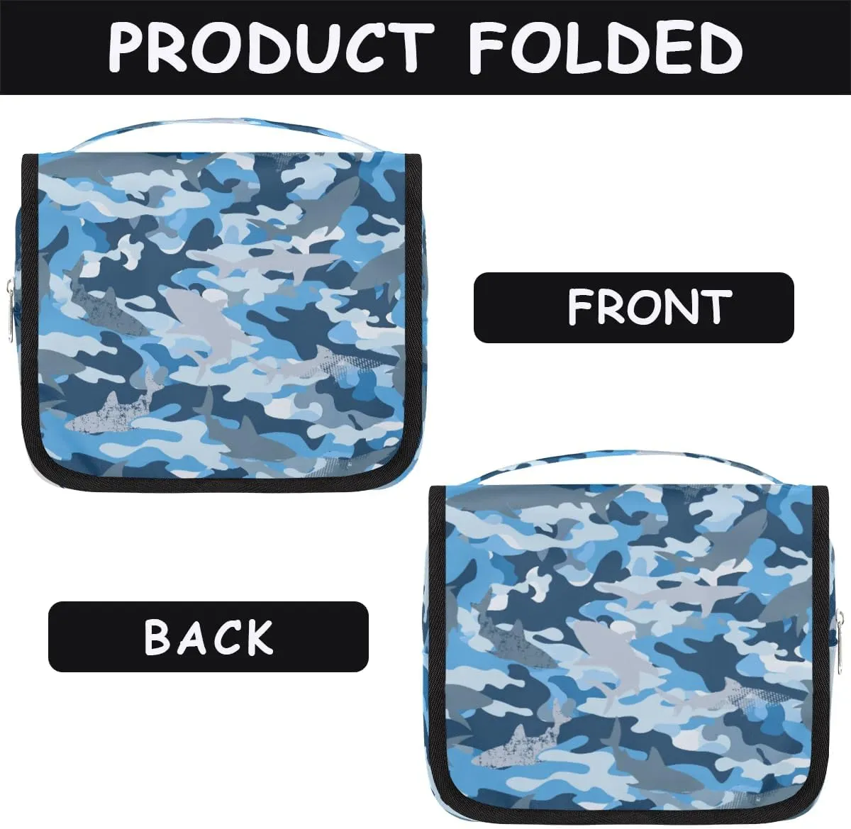 Camo Shark Hanging Travel Toiletry Bag - Waterproof Organizer Makeup Bag with Sturdy Hook, Toiletries Portable Cosmetic Bag, Large Capacity Toiletry Kit for Women Men