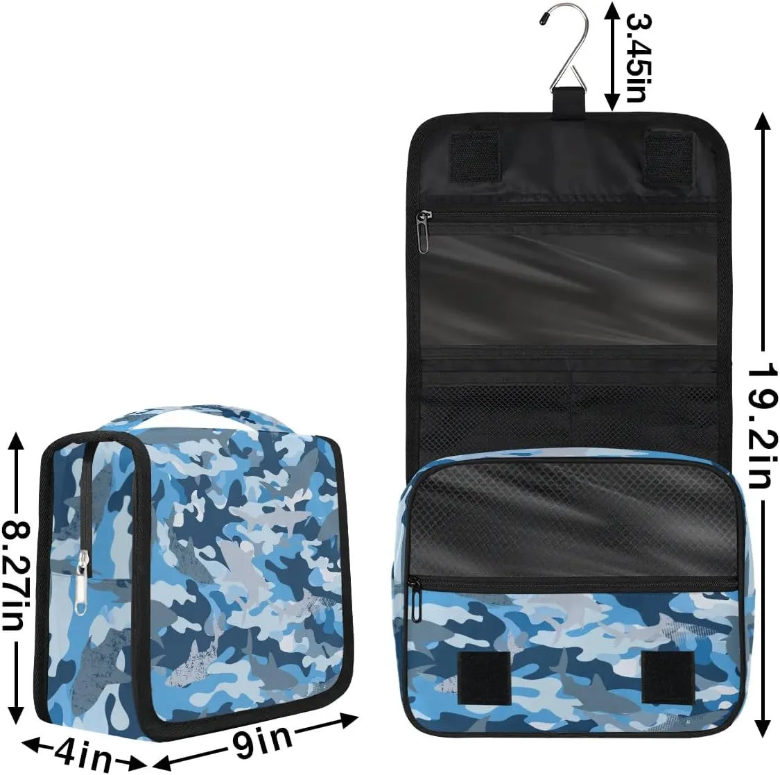 Camo Shark Hanging Travel Toiletry Bag - Waterproof Organizer Makeup Bag with Sturdy Hook, Toiletries Portable Cosmetic Bag, Large Capacity Toiletry Kit for Women Men