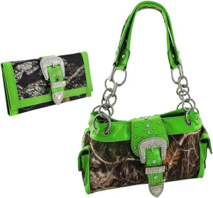 Camouflage Rhinestone Western Buckle Purse/Wallet Set (Green)