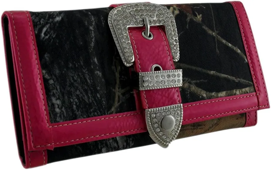 Camouflage Rhinestone Western Buckle Purse/Wallet Set Hot Pink Trim