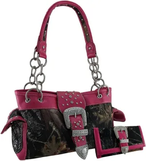 Camouflage Rhinestone Western Buckle Purse/Wallet Set Hot Pink Trim
