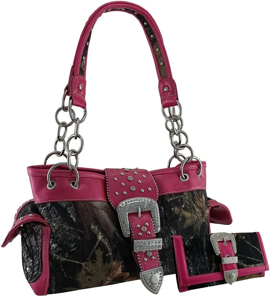 Camouflage Rhinestone Western Buckle Purse/Wallet Set Hot Pink Trim