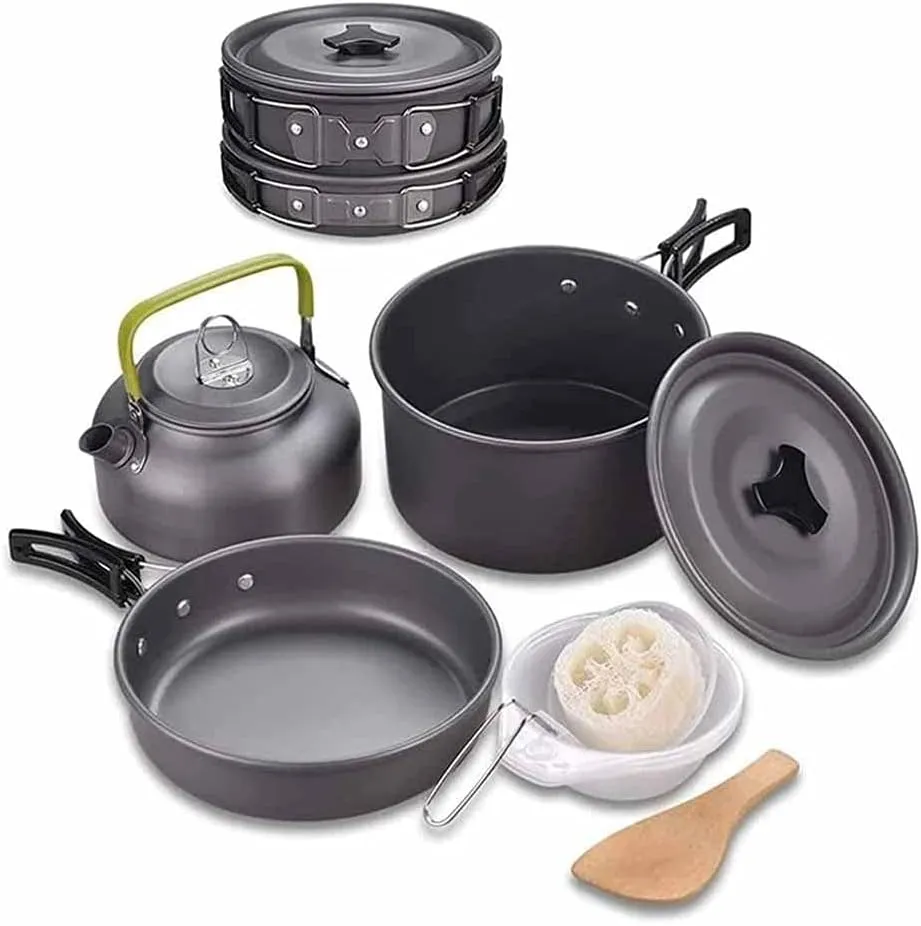 Camping Cookware Mess Kit Outdoor Cookware Set Nonstick Aluminum Cooking Pot Pan Kettle for Hiking and Picnic