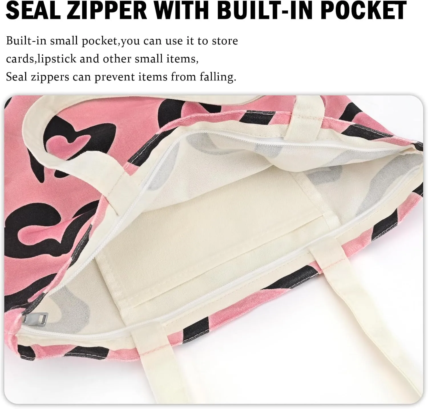 Canvas Shopping Bag with Zipper Closure, Inner Pockets Ribbon - Heavy Duty Reusable Eco-Friendly Tote Bag for Women