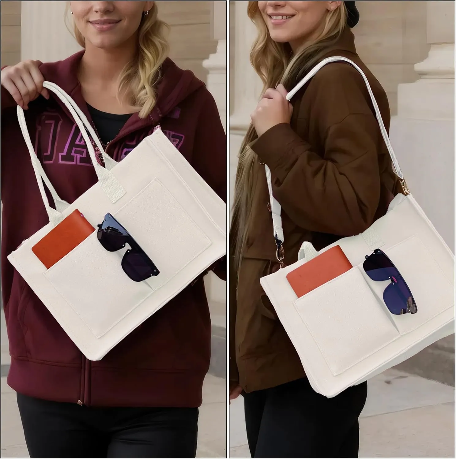 Canvas Tote Bag Shoulder Handbags with Zipper Work Bags for Women Crossbody Bags Tote Bag with Compartments for Work