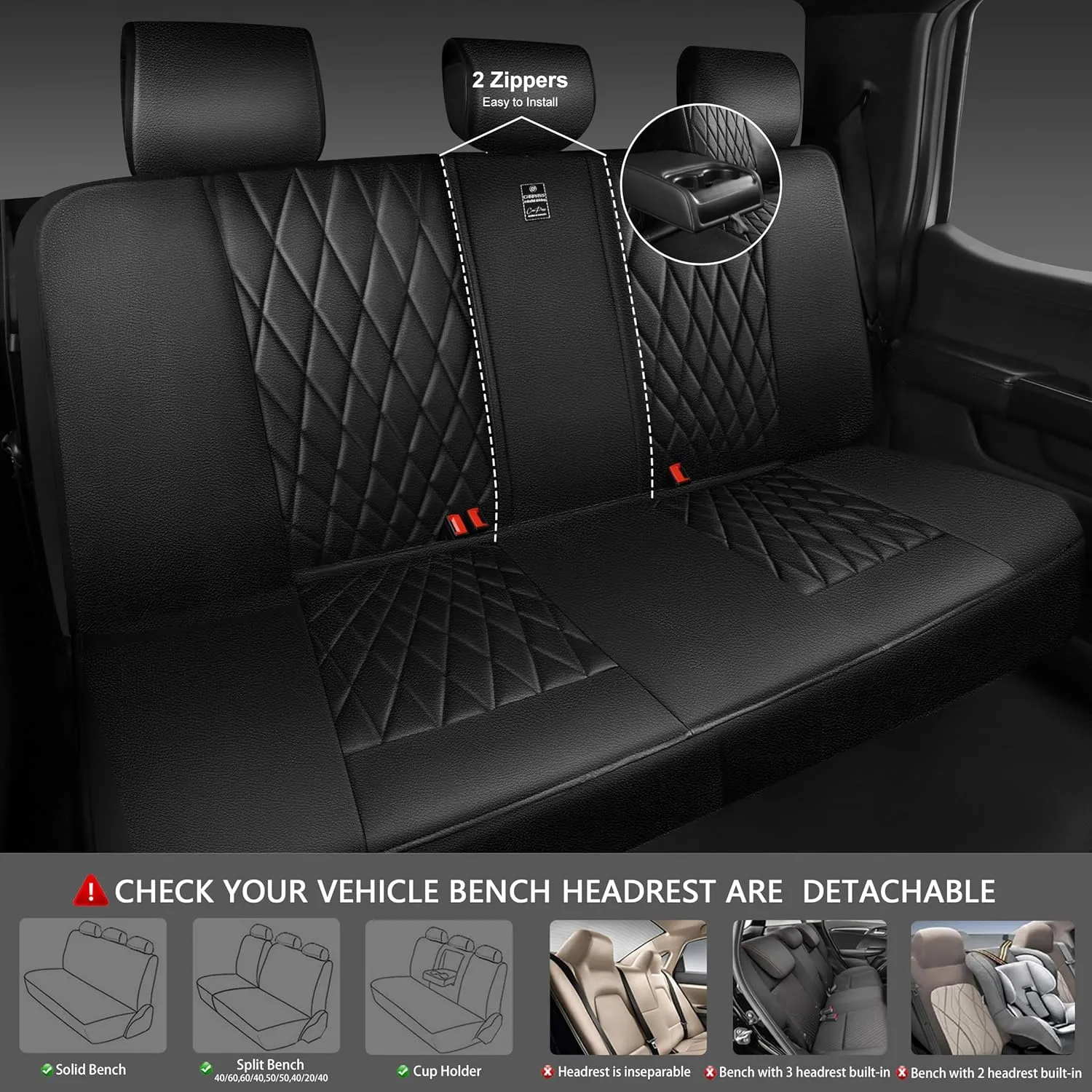 CAR PASS 5 Seats Piping Luxury Faux Leather Seat Covers Full Set, Anti-Slip Waterproof Seat Covers Compatible with Front Armrests, Universal Fit for Suvs,Vans,Trucks,Airbag Compatible, Pure Black