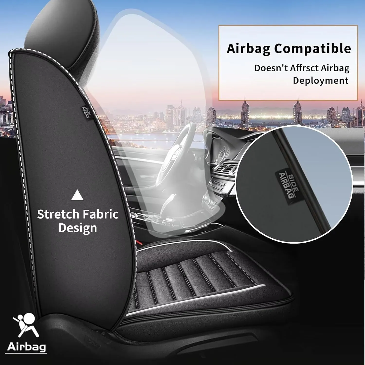 Car Seat Covers Fit for Volkswagen Atlas 2018-2025 Seat Cushion Compatible Airbag Waterproof Faux Leather Seat Cover(Only 2 Front Seat Covers)-White Line