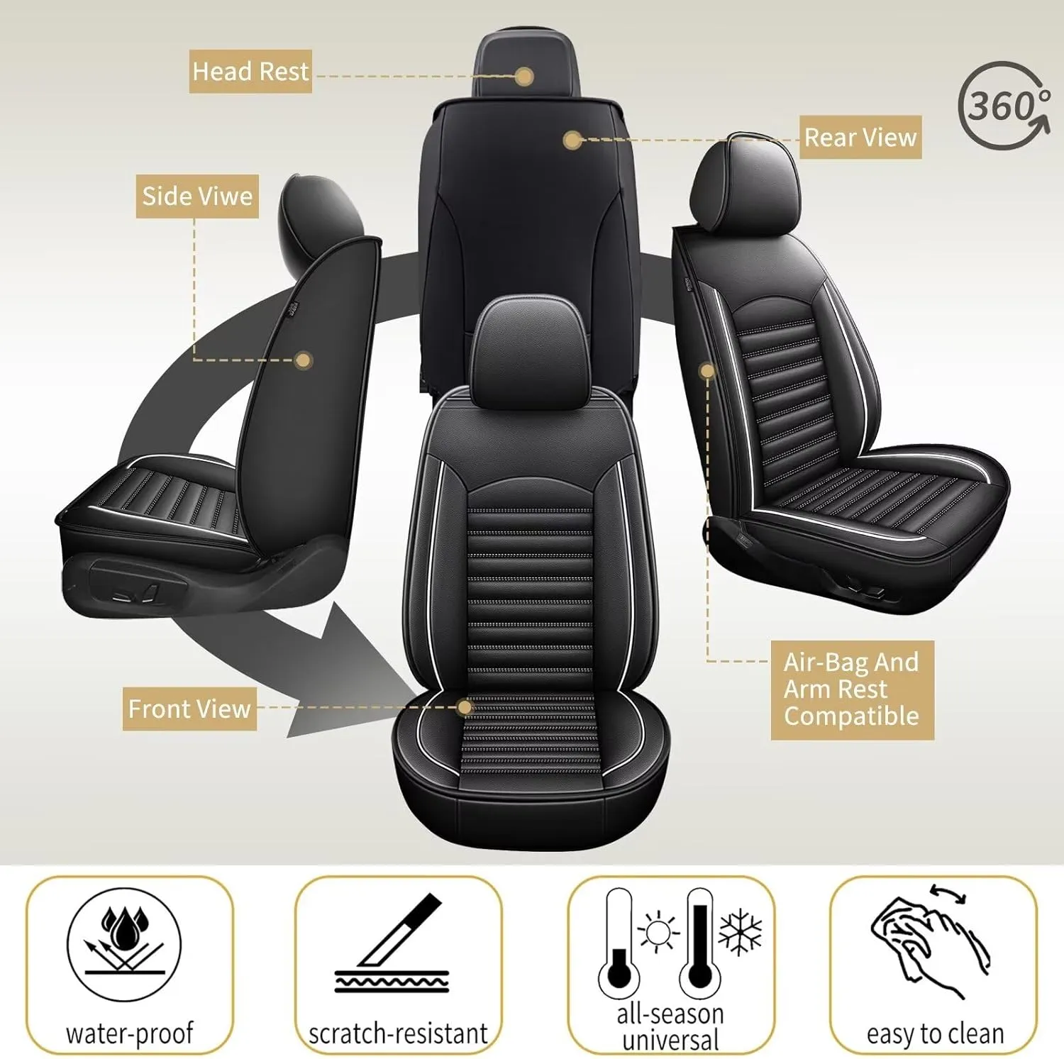 Car Seat Covers Fit for Volkswagen Atlas 2018-2025 Seat Cushion Compatible Airbag Waterproof Faux Leather Seat Cover(Only 2 Front Seat Covers)-White Line