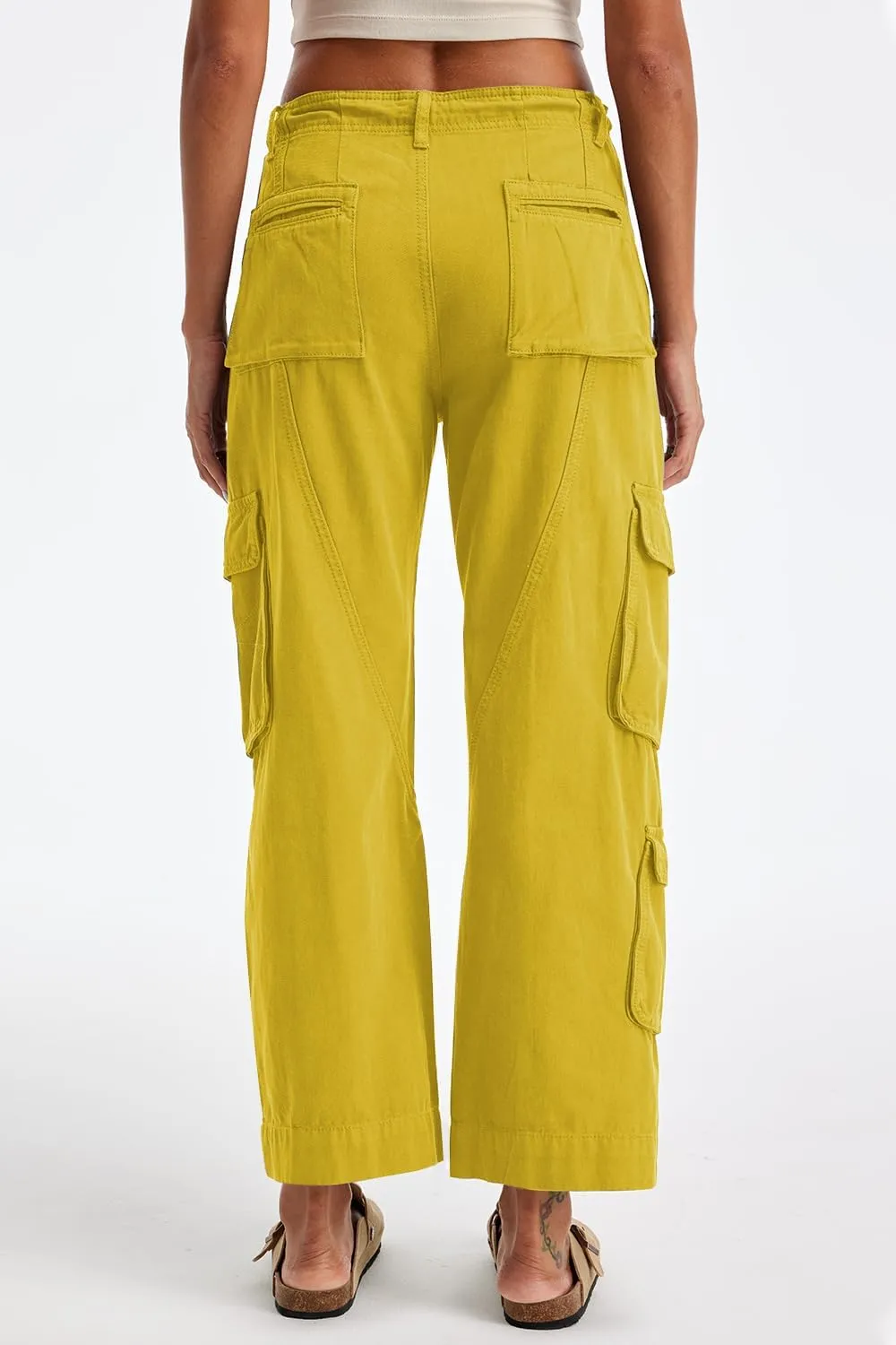 Cargo Pants for Women Low Rise Drawstring Waist 7 Pockets Hiking Work Wide Leg Pants with Zipper Button Closure