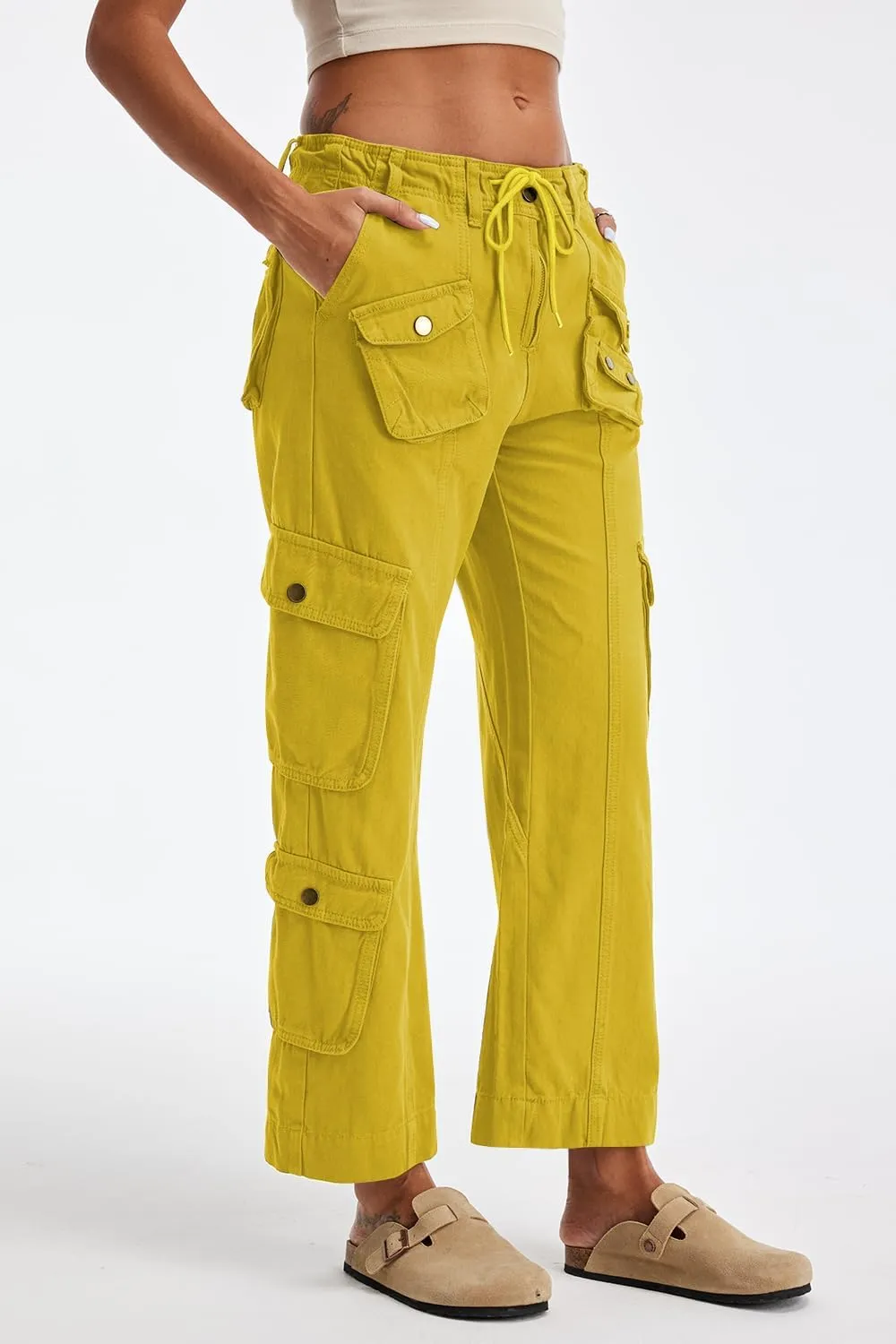 Cargo Pants for Women Low Rise Drawstring Waist 7 Pockets Hiking Work Wide Leg Pants with Zipper Button Closure
