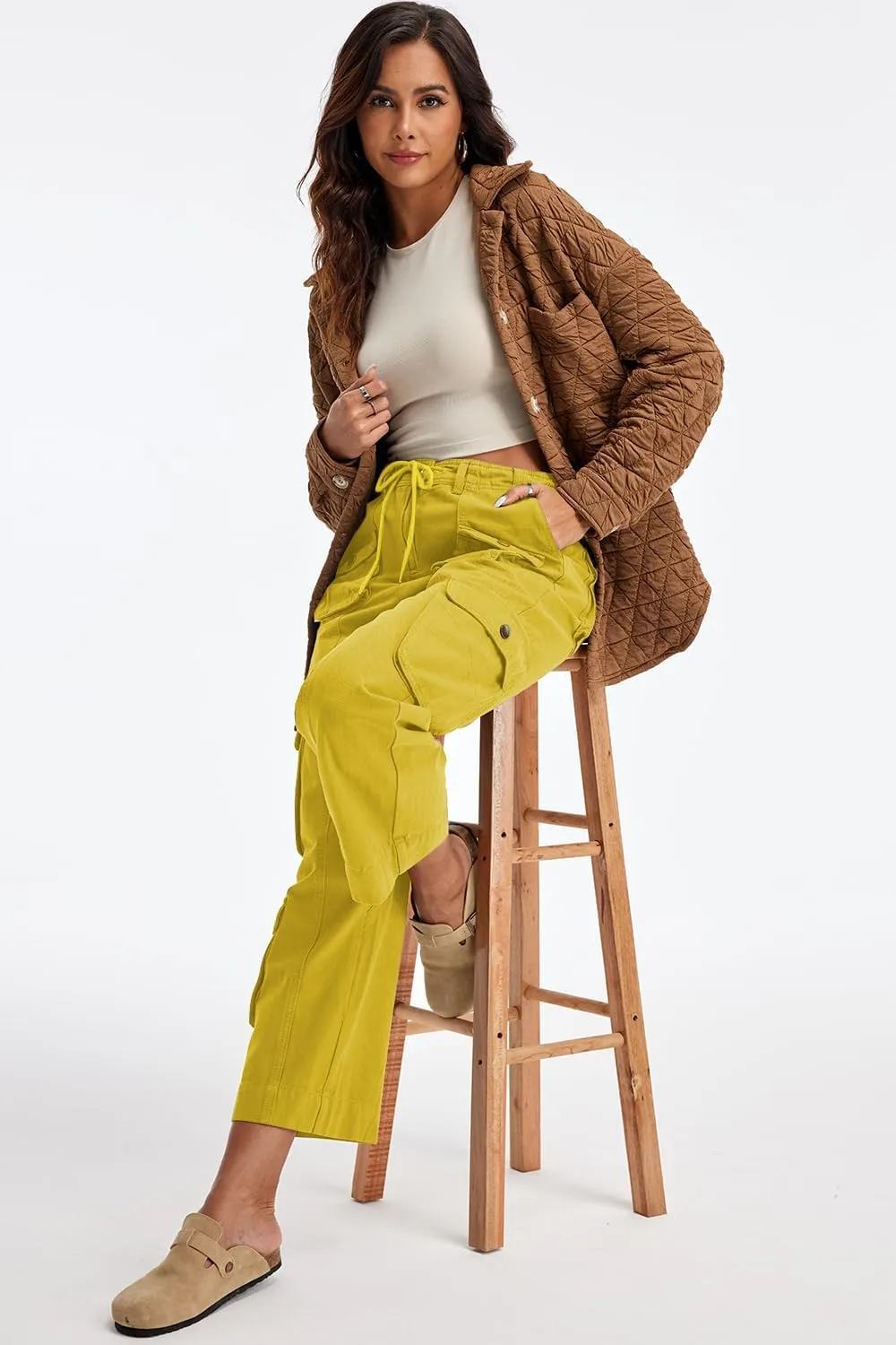 Cargo Pants for Women Low Rise Drawstring Waist 7 Pockets Hiking Work Wide Leg Pants with Zipper Button Closure