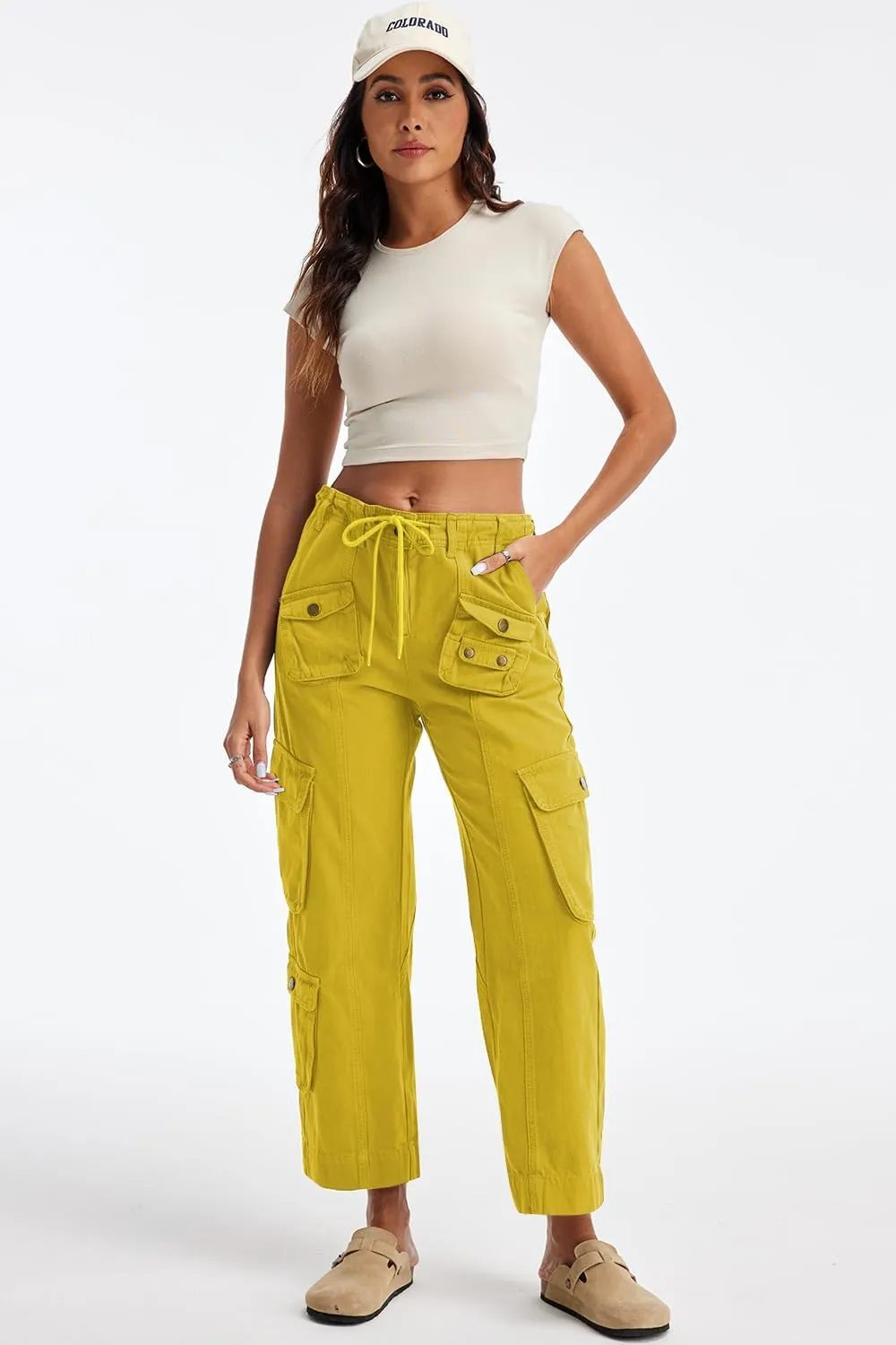 Cargo Pants for Women Low Rise Drawstring Waist 7 Pockets Hiking Work Wide Leg Pants with Zipper Button Closure