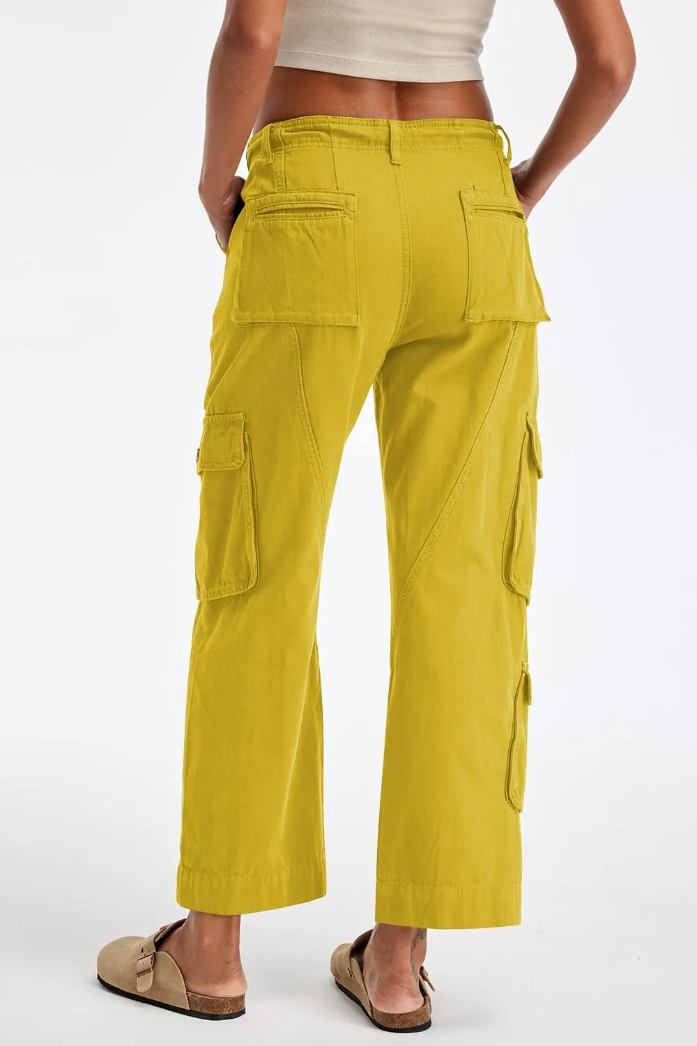 Cargo Pants for Women Low Rise Drawstring Waist 7 Pockets Hiking Work Wide Leg Pants with Zipper Button Closure