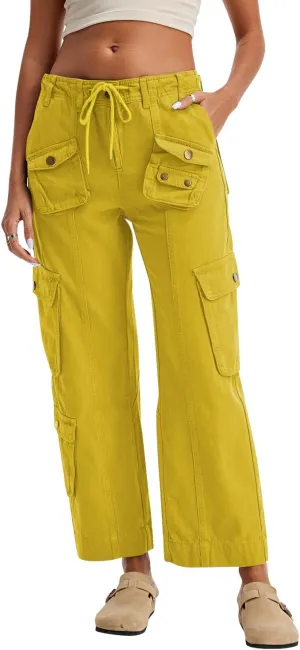 Cargo Pants for Women Low Rise Drawstring Waist 7 Pockets Hiking Work Wide Leg Pants with Zipper Button Closure