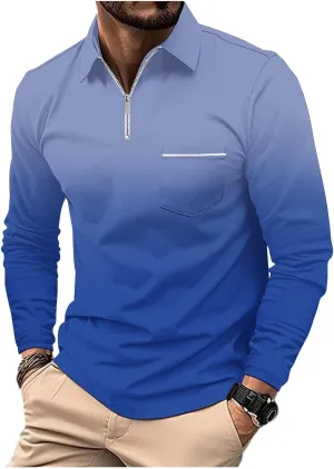 Casual Long Sleeve Polo Shirts for Men 2024 Long Sleeve Zipper Golf t-Shirt Gradient Color Basic Tees Pullover Tops