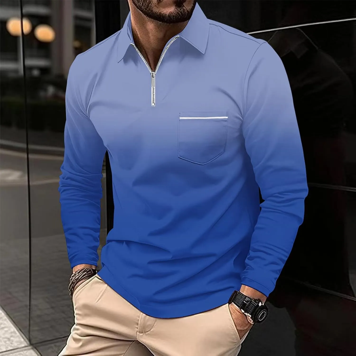 Casual Long Sleeve Polo Shirts for Men 2024 Long Sleeve Zipper Golf t-Shirt Gradient Color Basic Tees Pullover Tops