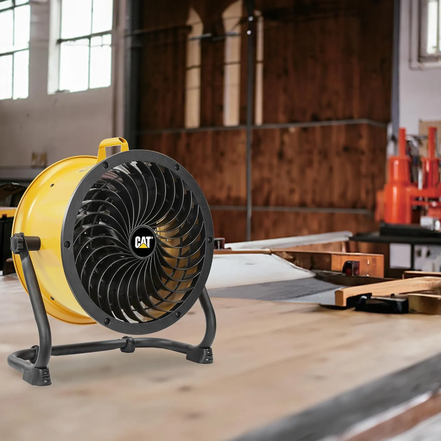CATERPILLAR High Velocity 14" Drum Air Circulator Fan with Heavy Duty Industrial Grade 360-degree Adjustable Drum Head, and 2300 CFM Dual Ball Bearing 4-speed Motor, Yellow
