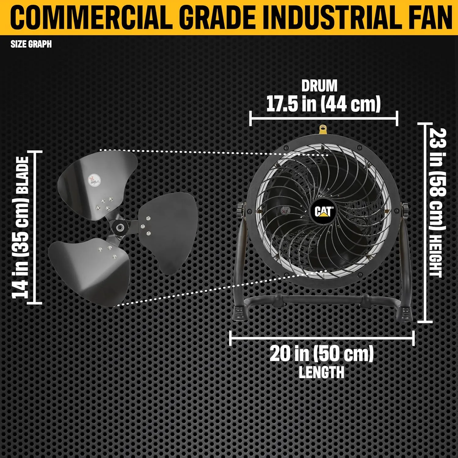 CATERPILLAR High Velocity 14" Drum Air Circulator Fan with Heavy Duty Industrial Grade 360-degree Adjustable Drum Head, and 2300 CFM Dual Ball Bearing 4-speed Motor, Yellow