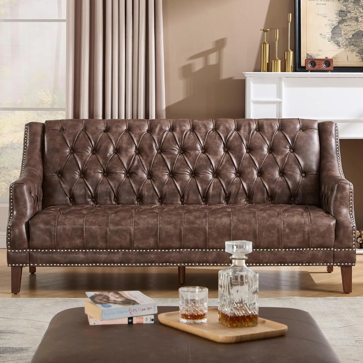 chairus Mid Century Modern 74.5" Faux Leather Sofa, 3 Seater Tufted Upholstered Couch with High Back & Nailhead Trim, Chesterfield Sofa for Living Room Bedroom Apartment Office, Distressed Brown PU
