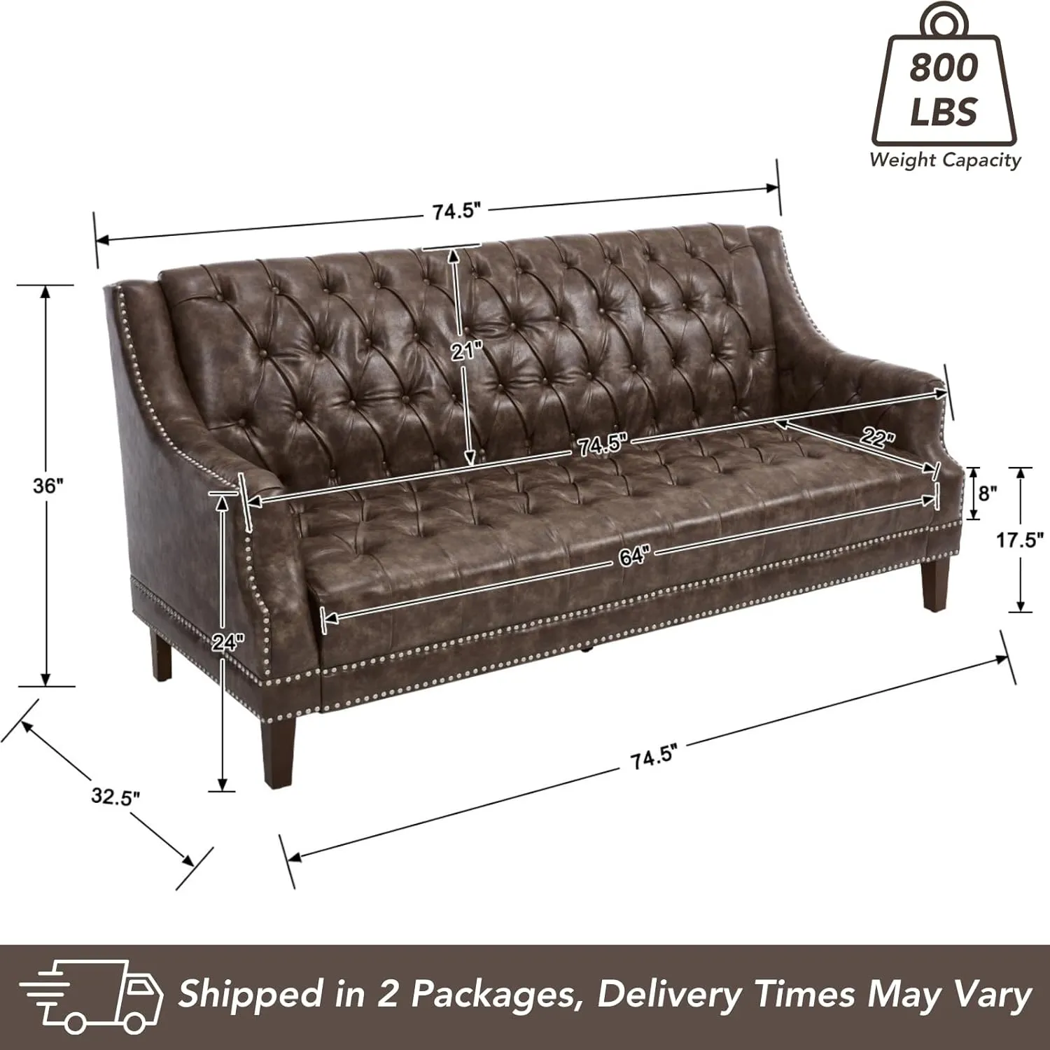 chairus Mid Century Modern 74.5" Faux Leather Sofa, 3 Seater Tufted Upholstered Couch with High Back & Nailhead Trim, Chesterfield Sofa for Living Room Bedroom Apartment Office, Distressed Brown PU