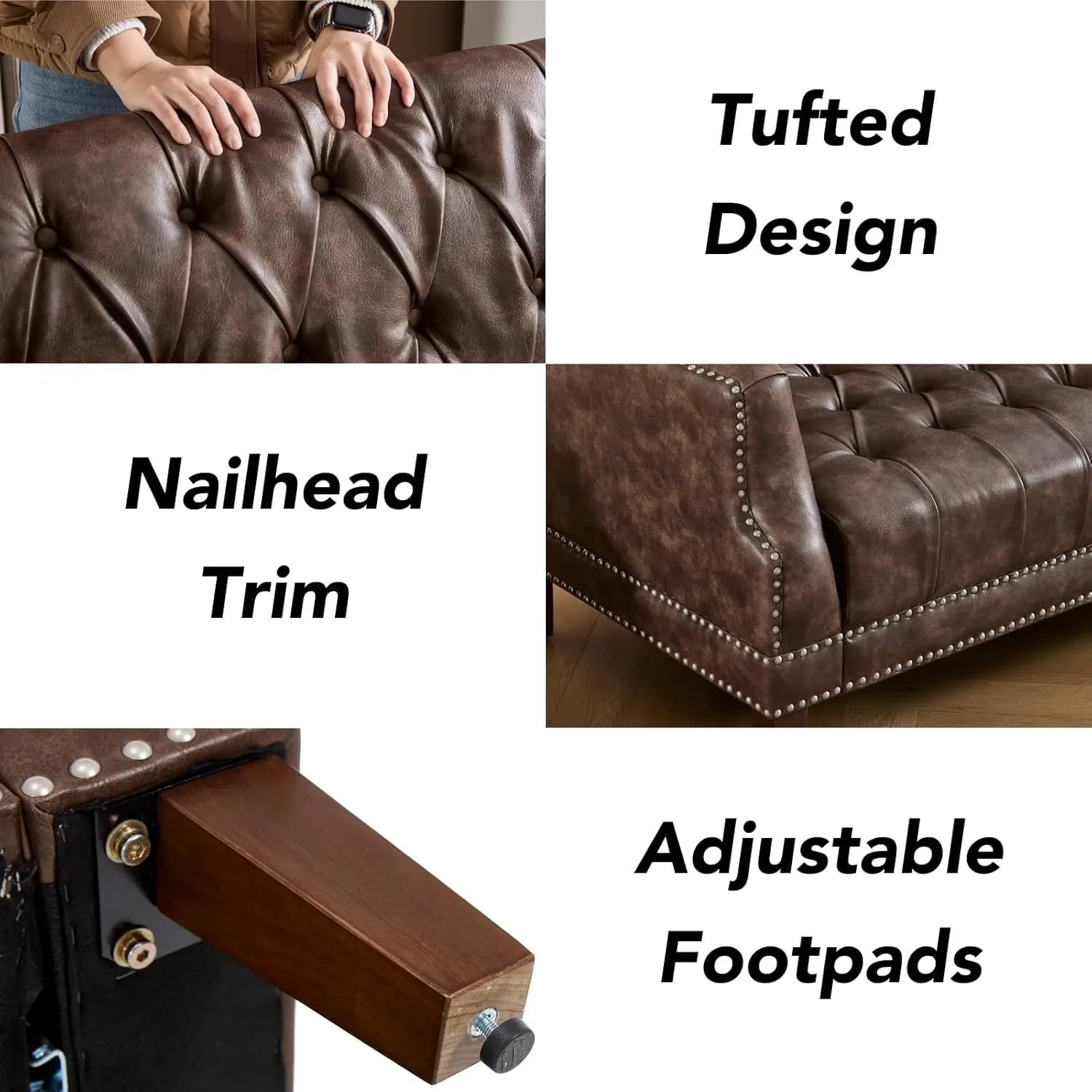 chairus Mid Century Modern 74.5" Faux Leather Sofa, 3 Seater Tufted Upholstered Couch with High Back & Nailhead Trim, Chesterfield Sofa for Living Room Bedroom Apartment Office, Distressed Brown PU