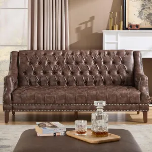 chairus Mid Century Modern 74.5" Faux Leather Sofa, 3 Seater Tufted Upholstered Couch with High Back & Nailhead Trim, Chesterfield Sofa for Living Room Bedroom Apartment Office, Distressed Brown PU