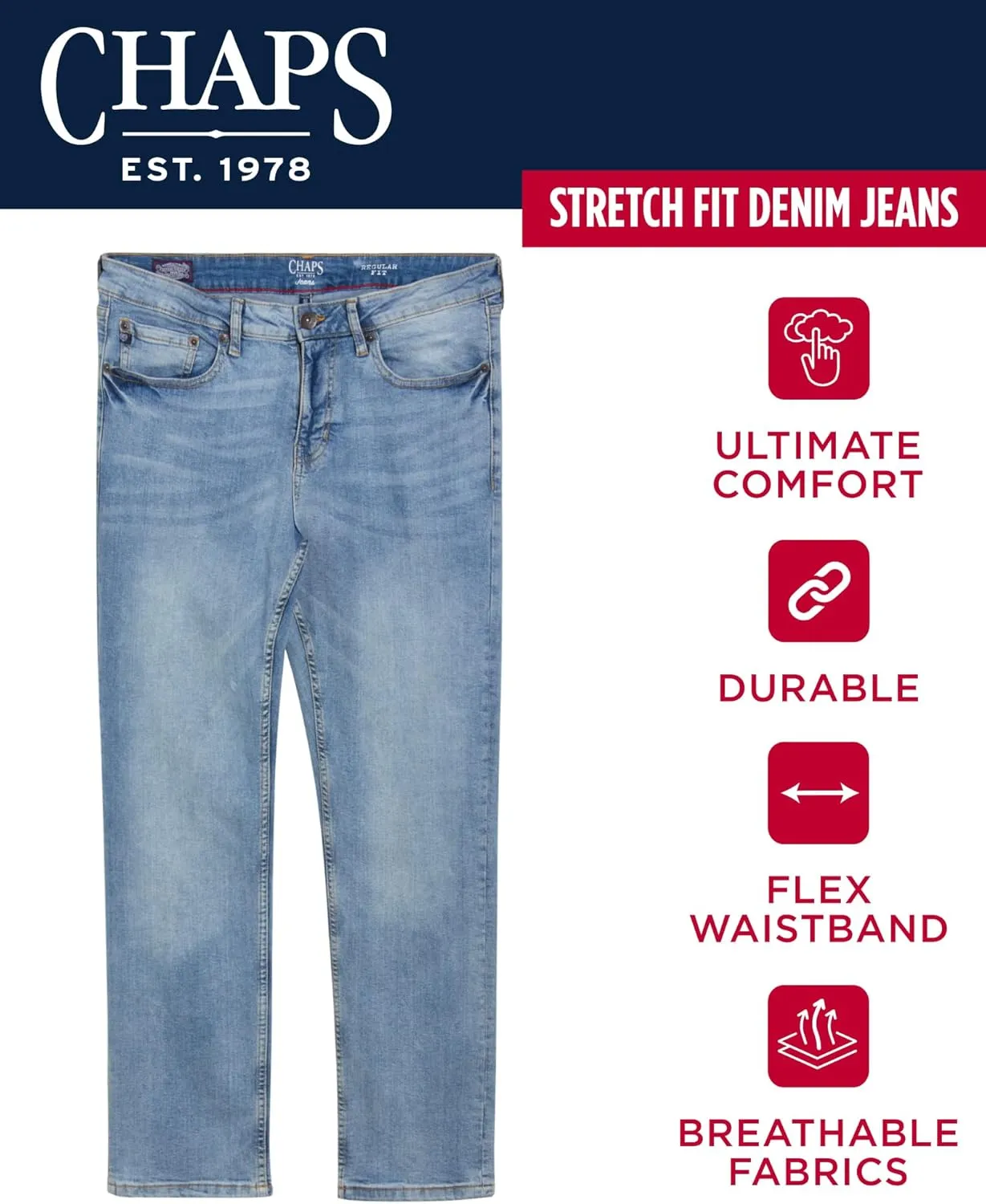 Chaps Men's Jeans - Straight Leg Comfort Stretch Denim Jeans - Regular Slim Fit Jeans for Men