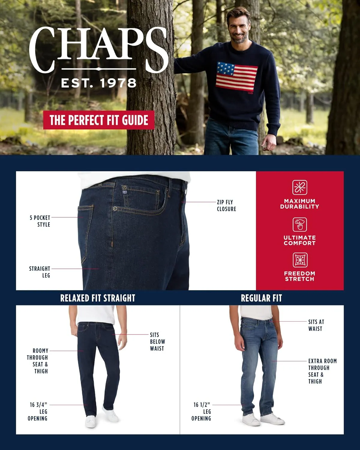 Chaps Men's Jeans - Straight Leg Comfort Stretch Denim Jeans - Regular Slim Fit Jeans for Men