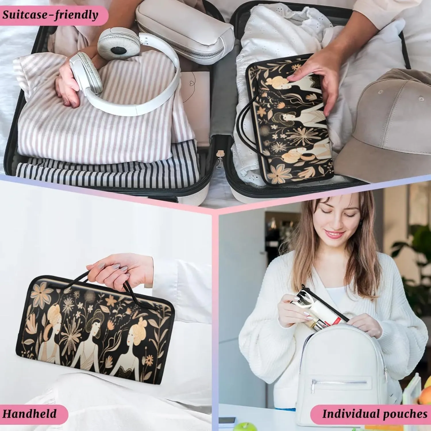Characters Pattern Shape Toiletry Bag Water Proof Travel Makeup Case Large Capacity 4 in 1 Foldable Cosmetics Storage for Women Men Removable Zipper Clear PVC Pockets