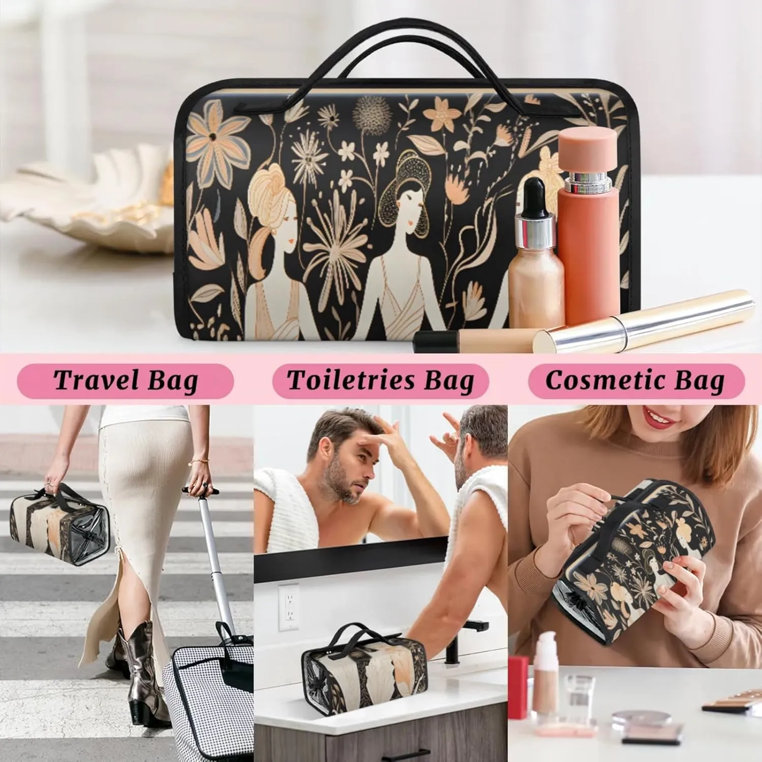 Characters Pattern Shape Toiletry Bag Water Proof Travel Makeup Case Large Capacity 4 in 1 Foldable Cosmetics Storage for Women Men Removable Zipper Clear PVC Pockets