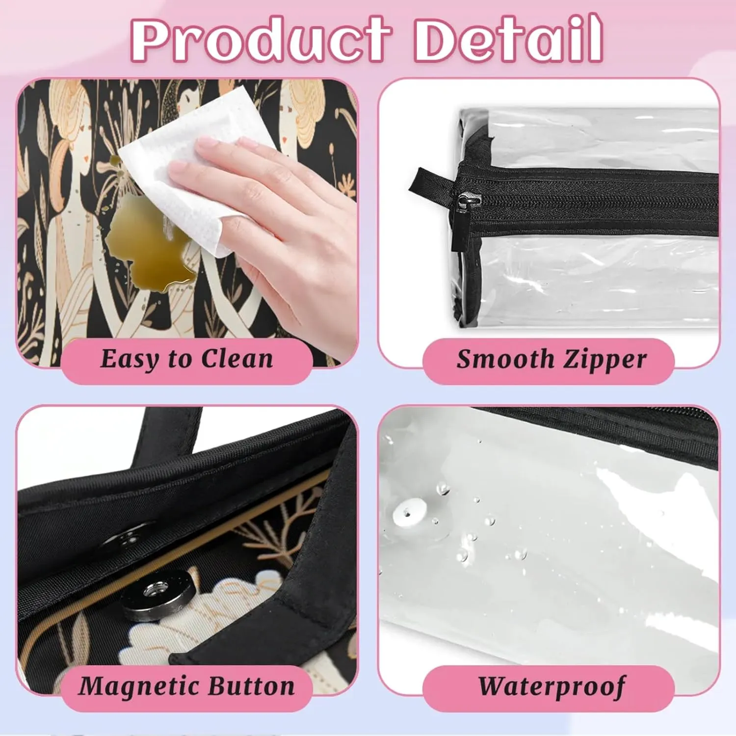 Characters Pattern Shape Toiletry Bag Water Proof Travel Makeup Case Large Capacity 4 in 1 Foldable Cosmetics Storage for Women Men Removable Zipper Clear PVC Pockets