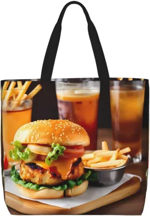 Chicken leg burger drink print Tote Bags Casual Handbags 15.7 In Shoulder Bags for Work Travel Gym
