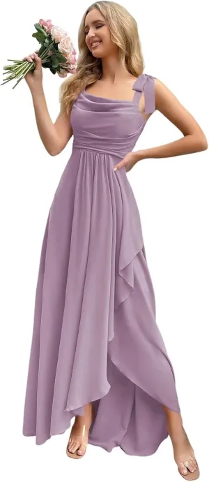 Chiffon Bridesmaid Dresses with Slit Scoop Neck Pleated Formal Evening Dress Hi002