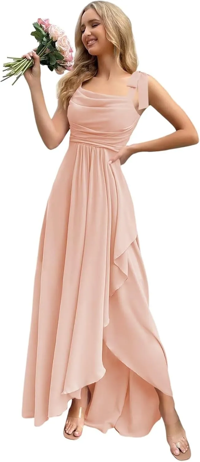 Chiffon Bridesmaid Dresses with Slit Scoop Neck Pleated Formal Evening Dress Hi002