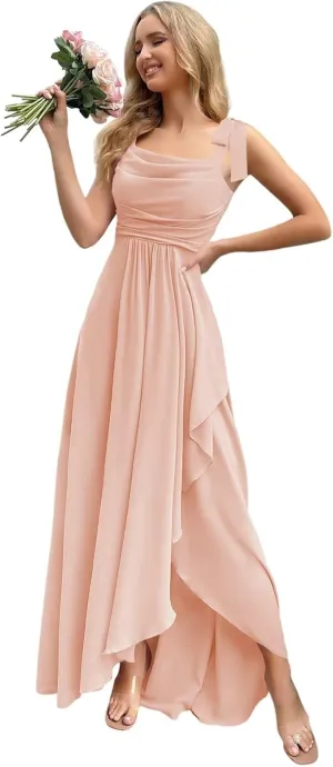 Chiffon Bridesmaid Dresses with Slit Scoop Neck Pleated Formal Evening Dress Hi002