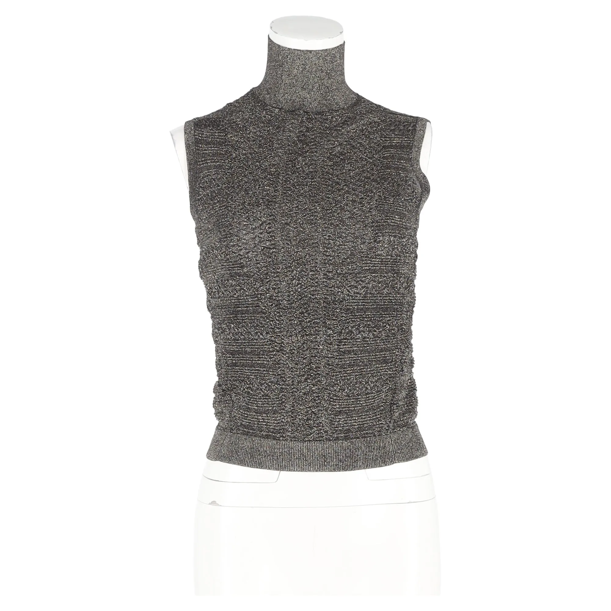 Chloé Knitted Turtleneck Sleeveless Top in Metallic Silver Polyester