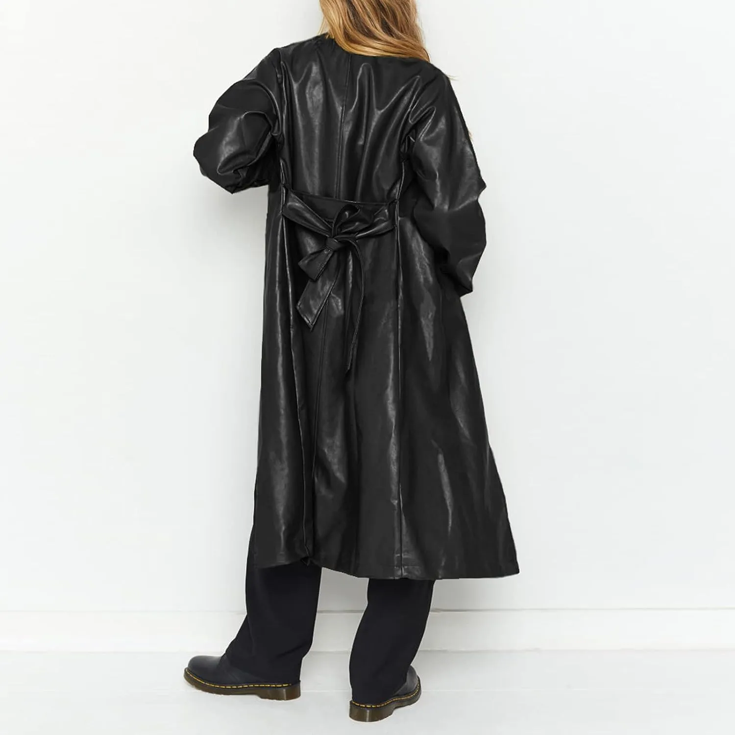 chouyatou Women's Casual Lapel Open Front Pu Faux Leather Long Trench Coat with Belt