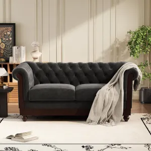 Christopher Knight Home Chesterfield Velvet Loveseat, 2-Seater Rolled Arm Upholstered Sofa Couch, Tufted Button Backrest and Birch Wood Leg, Living Room, Bedroom, Home Office, Dark Gray   Espresso