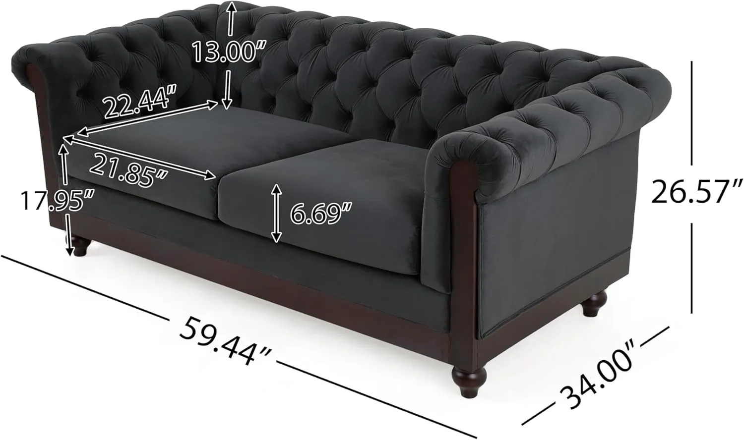 Christopher Knight Home Chesterfield Velvet Loveseat, 2-Seater Rolled Arm Upholstered Sofa Couch, Tufted Button Backrest and Birch Wood Leg, Living Room, Bedroom, Home Office, Dark Gray   Espresso