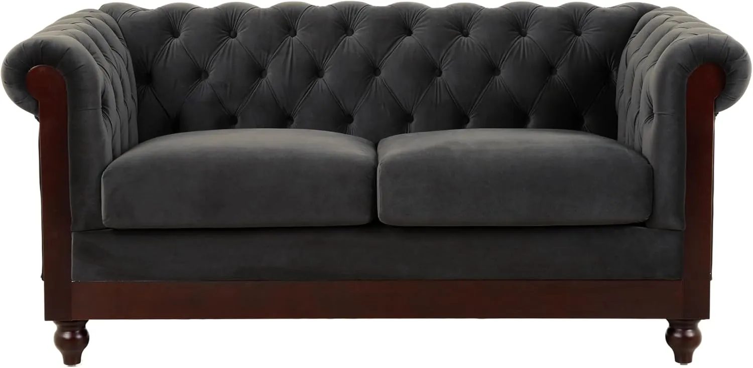 Christopher Knight Home Chesterfield Velvet Loveseat, 2-Seater Rolled Arm Upholstered Sofa Couch, Tufted Button Backrest and Birch Wood Leg, Living Room, Bedroom, Home Office, Dark Gray   Espresso